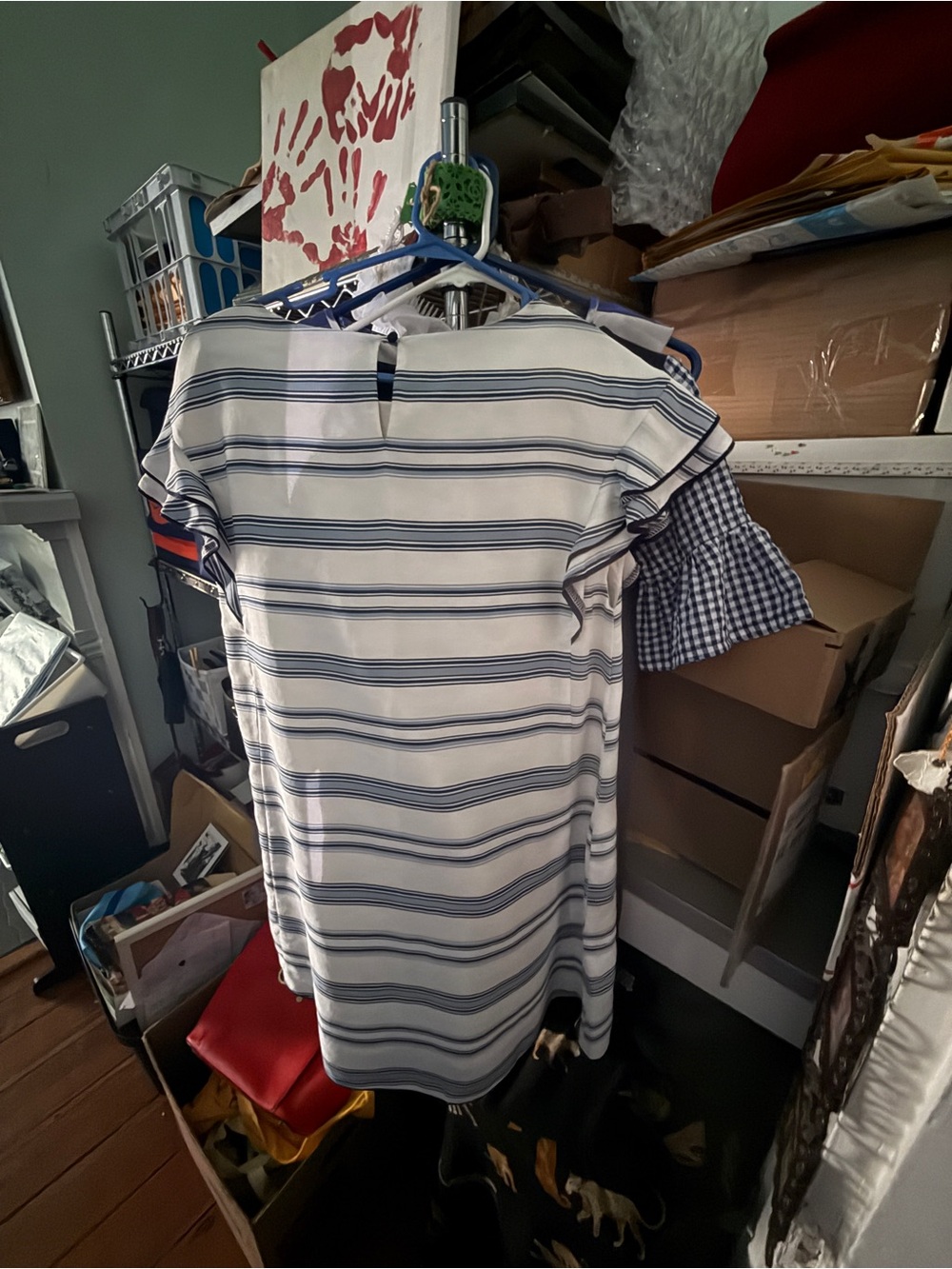 Listicle White and Navy Striped Shift Dress with Ruffle Detail